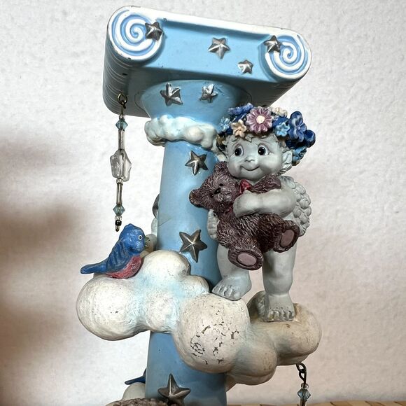 DREAMSICLES 7”Cherubs Candlesticks X2 BY DANBURY MINT Baby Blue w/ Stars Clouds - Picture 8 of 16